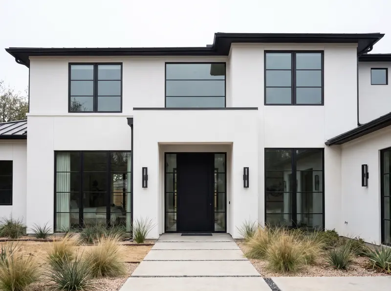 Black front door with sidelites on a white home