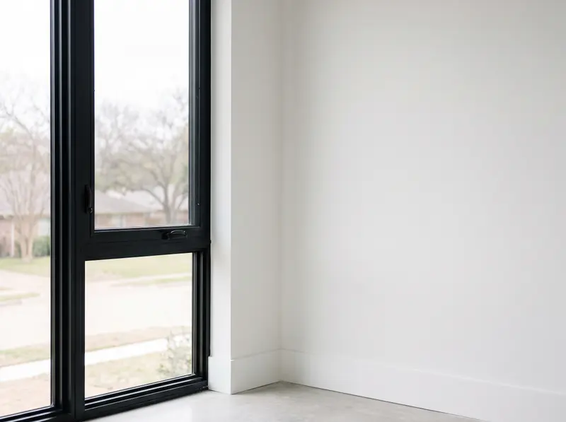 Smooth primed drywall with a crisp inside corner and window return