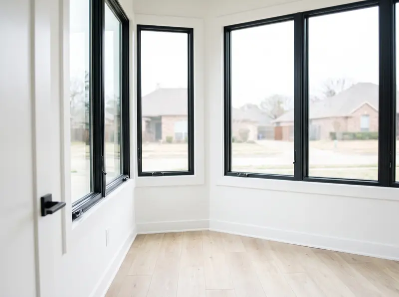 New luxury vinyl plank floor in a bright white room with baseboards installed