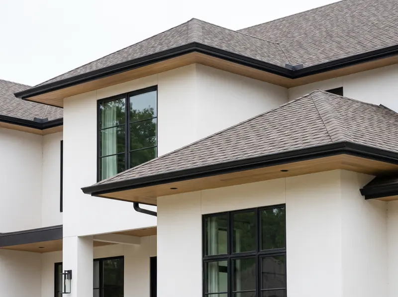 Architectural shingle roof at the ridge and drip edge, with a clean gutter line