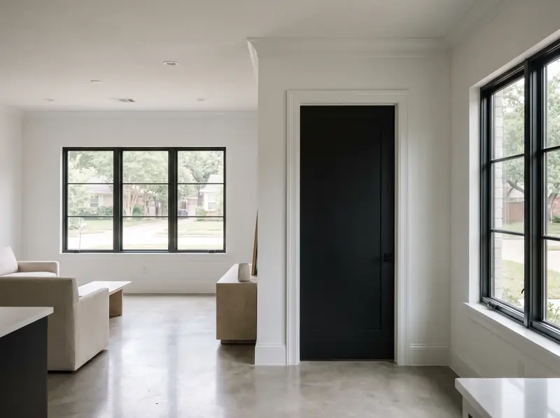 White painted trim and crown molding with a black interior door