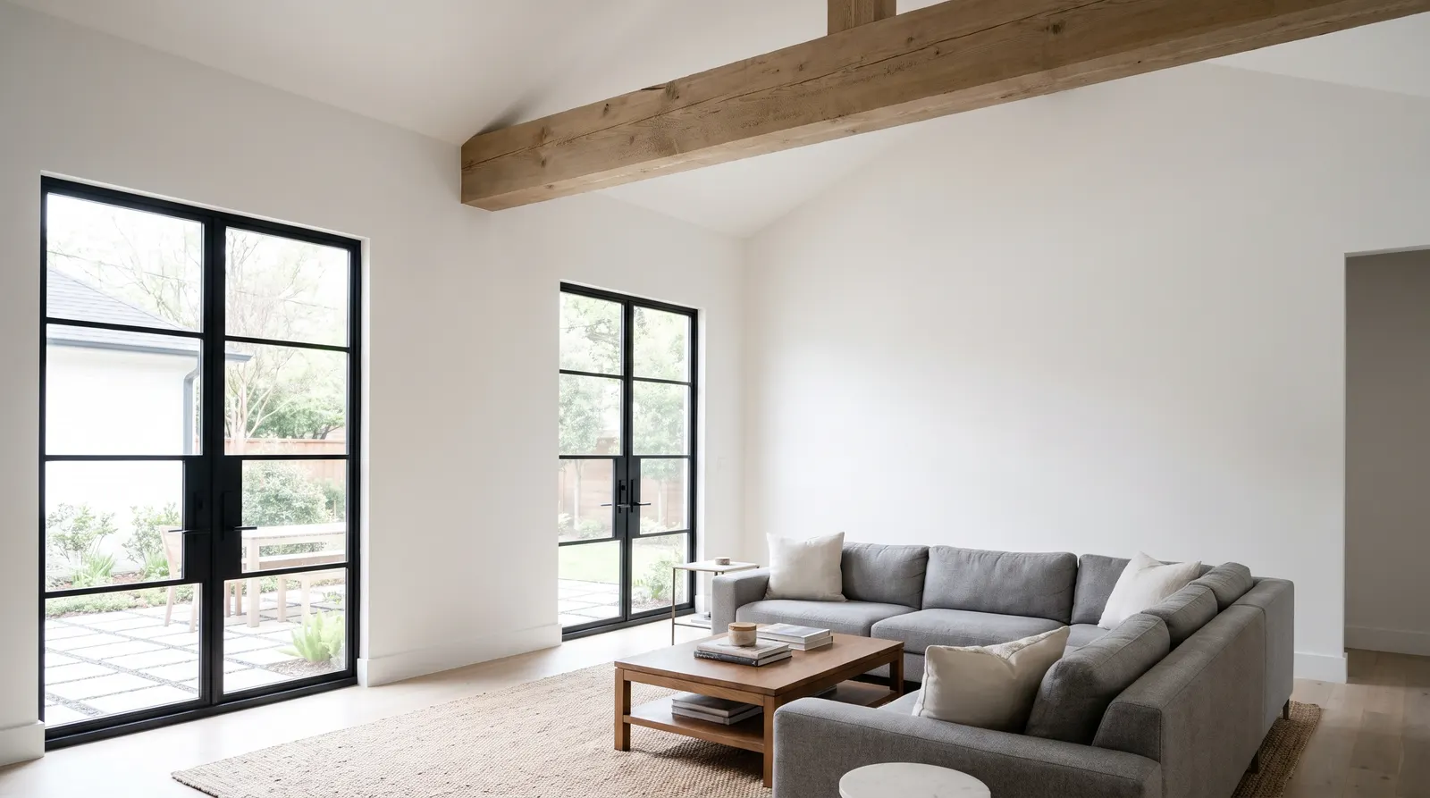 Living room with a raised vaulted ceiling and an exposed wood beam