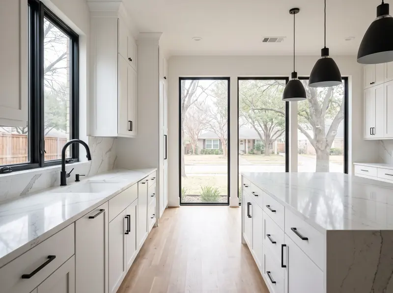 White kitchen remodel with black hardware and quartz counters
