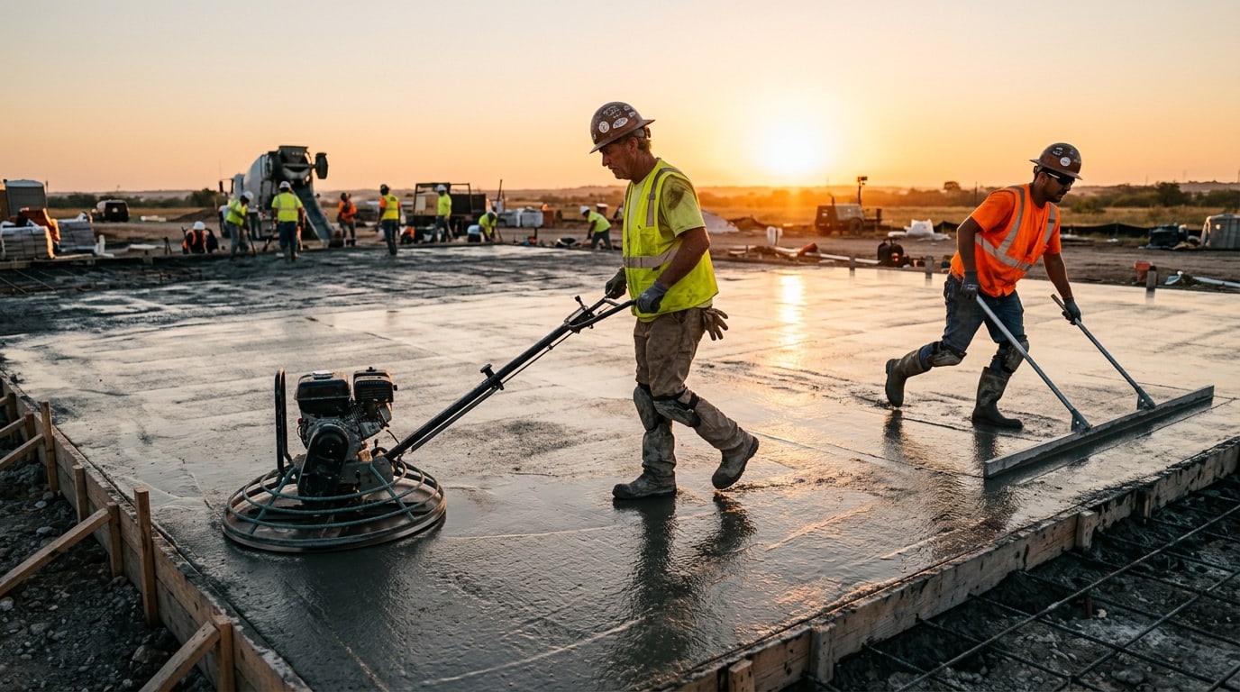 A self-perform crew finishing a fresh concrete slab at golden hour (representative atmosphere image).