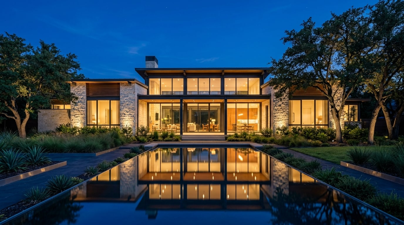 A refined custom home at blue hour with warm interior light and a reflecting pool (representative atmosphere image).