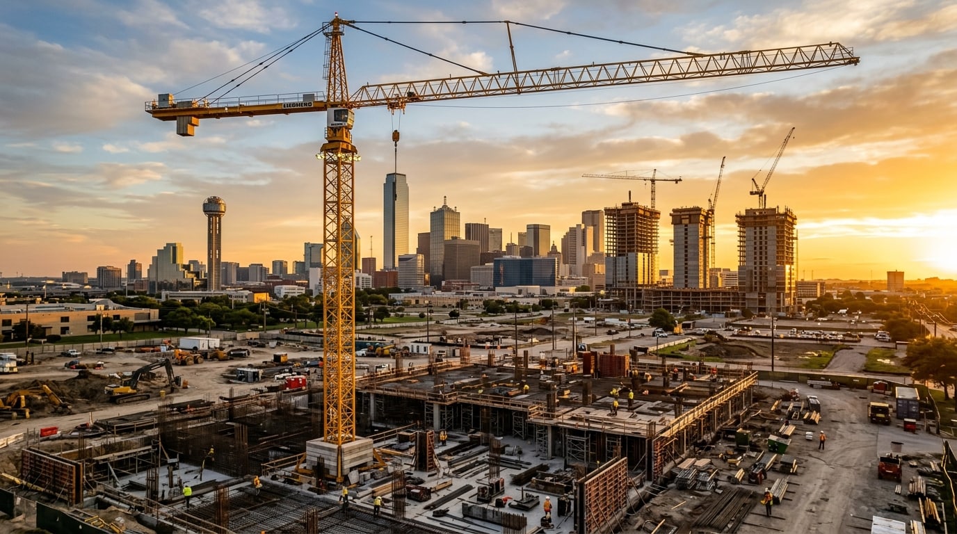 A tower crane rising over a large-scale construction site at golden hour against a city skyline (representative atmosphere image).